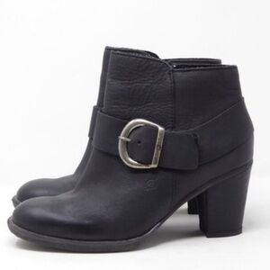Born Cille Pull On Black Leather Ankle Boots Buckle Strap Womens Size 7.5